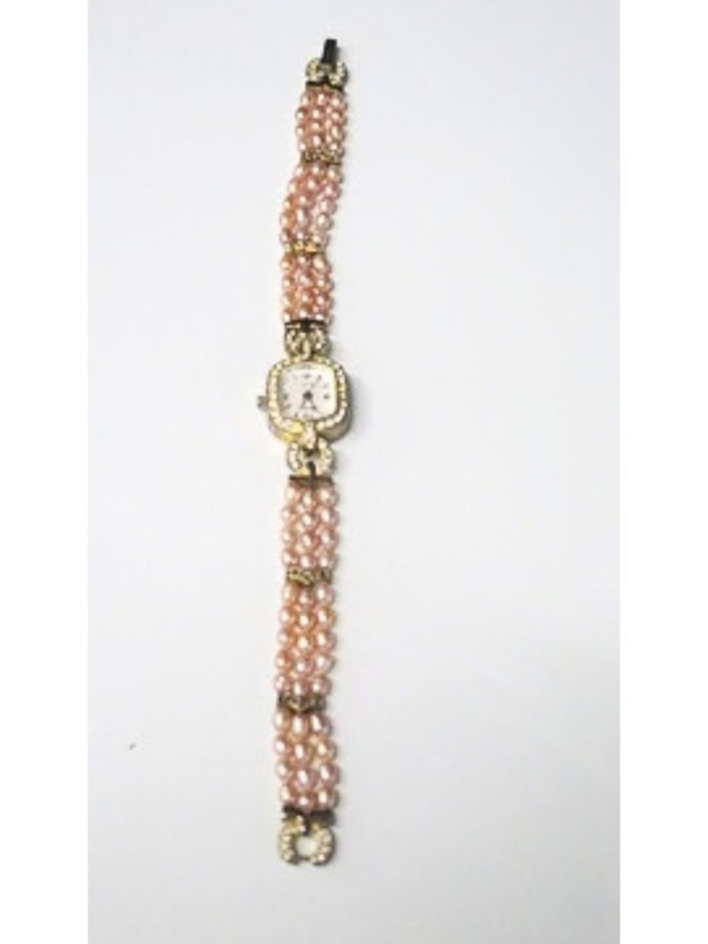 Vintage Pink Faux Pearl Bracelet Watch Gold-Tone Rhinestone Estate Find